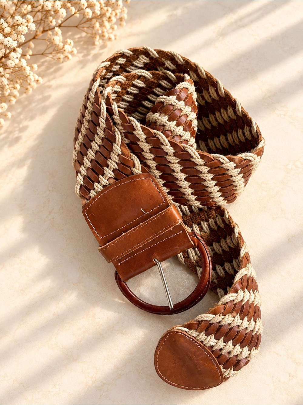 B4. MUDO | Wide Braided Leather Belt | Made in Turkey Brown/ Cream | Woven